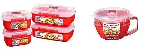 Sistema Heat and Eat Lot pour micro-ondes | 4 récipients rectangulaires pour aliments avec couvercle & Micro-ondes Bol à nouilles | Récipient alimentaire micro-ondes | 940 ml