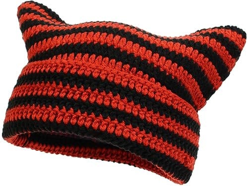 Yixda Warm Strickmütze Damen Mädchen Katzen Ohr Mütze Wintermütze Beanie Hut (Schwarz/Rot)