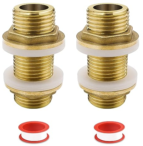 GZhaizhuan 2 Stk Messing Schottverschraubung G1/2 Männlich Gewinderohr Schlauchverschraubung mit Silikondichtungen für Wassertanks, mit Wasserband, Länge 50mm