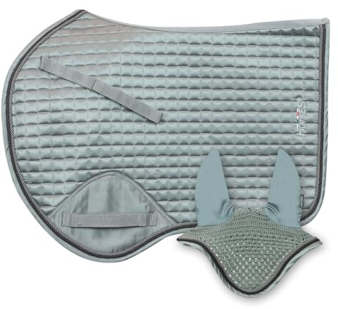 Satteldecke mit Mütze Edith, weich und strapazierfähig, unverzichtbar, um das Pferd vor Trauma und übermäßigen Stößen zu schützen, schlicht und elegant (groß, grau)