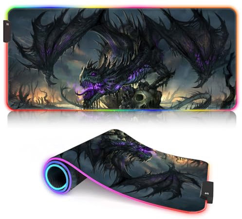 Alfombrilla de ratón RGB para videojuegos, XXL, grande, LED, 7 colores y 4 modos de efecto, base de goma antideslizante, alfombrilla de ratón para MacBook PC, Black Swamp Dragon 15,7 x 35,4 pulgadas