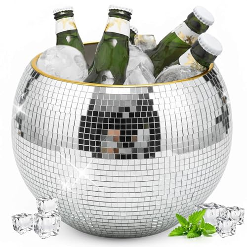 Bertork 9.8 Inch Disco Ball Ice Bucket, Mirror Silver Cooler for Wine, Beer & Champagne, Perfect Retro Party Accessory