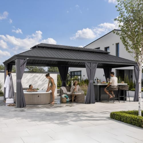 PURPLE LEAF Pavillon 4.25 x 6 m Entwässerungssystem Alu Rahmen, Grau | Regenrinne, Sichtschutzvorhänge, Insektensicheres Netzgewebe, Verbreiterte Alu-Säule, Hardtop-Dach, Schneelast 1134 kg, Party