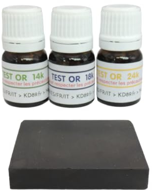 KD89 Assortimento di reagenti/soluzioni per testare l'oro, 14-18-24 carati, con pietra di paragone naturale e istruzioni multilingue, competenza per gioielli, monete, lingotti, 2,5 ml