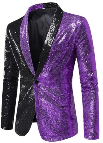 Giacca da uomo lucida con paillettes glitterate, colletto a scialle, un bottone, blazer da cantante di scena, Viola, S