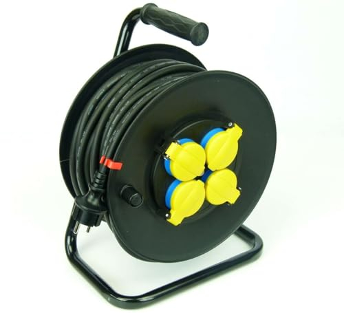 GLT 1 x Paccs 30 m Profi Gummi Kabeltrommel mit 4 Steckdosen schwarz/gelb Verlängerungskabel für Außenbereich/Outdoor/Baustellen IP44 - H07RN-F 3x1,5 mm²