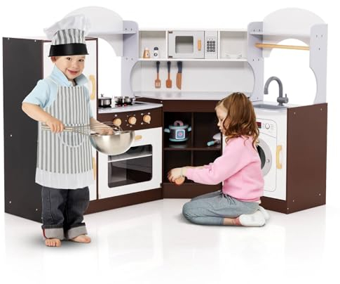 Maxmass Kids Corner Kitchen, Wooden Children Play Kitchen with Light & Sound, Ice Dispenser, Accessory Utensils, Toddler Role Play Cooking Playset for Girls Boys (Brown without Telephone & Range Hood)