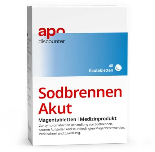 apodiscounter Sodbrennen Akut Kautabletten - bei säurbedingten Magenbeschwerden & saurem Aufstoßen - erfrischender Pfefferminz-Zitrone-Geschmack (1x 48 Stk)
