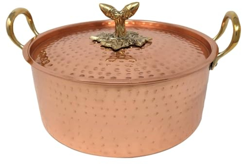Generic Batterie de cuisine en cuivre avec poignées en laiton, ustensile de cuisine indien, martelé à la main, capacité 4500 ml (doré), EQS-MAR-192024-09
