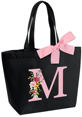 Sac Fourre-Tout Personnalisé avec Initiale, Sac Tote bag avec Noeud Papillon, Adapté pour Mariage Vacances Voyage Anniversaire Noël, Sac Cadeau Parfait pour femmes demoiselles d'honneur maman amis M