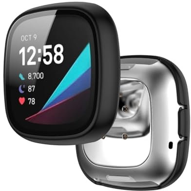 Hülle mit Displayschutz Kompatibel mit Fitbit Versa 3/Sense, Gehärtetes Glas Ultradünne PC Rundum Hart Schutzhülle für Fitbit Versa 3/Sense (Schwarz)