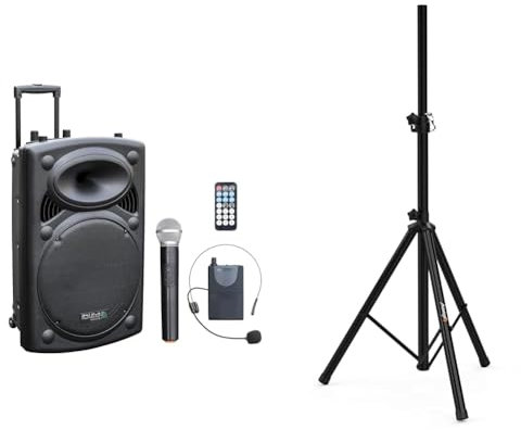 Ibiza - PORT15VHF-BT - Altavoz portátil 15/800W MAX con 2 micrófonos (VHF) & Audibax Neo 131 - Soporte Profesional para Altavoces - Trípode para Altavoces - Trípode Extensible