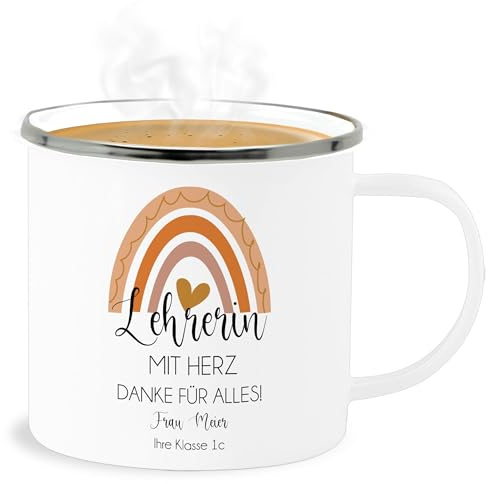 Emaille Becher Blechbecher - Geschenke zum Abschied Lehrerin mit Herz mit Name und Regenbogen | Geschenk Lehrerinnen Abschiedsgeschenk Dankeschön - 300 ml - Weiß Silber - teacher für tasse