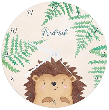 wunderwunsch® - Personalisierte Wanduhr Kinder aus Holz mit Spezial-Druck - Lautloses Uhrwerk mit Aufhängung - Babyzimmer Deko Kinderzimmer (Igel)