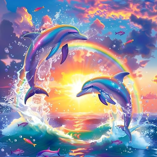 CEOVR Kit Diamond Painting, Peinture Diamant Adulte Dauphin 5D, Kit Complet Coucher de Soleil, 30x30 cm Animal