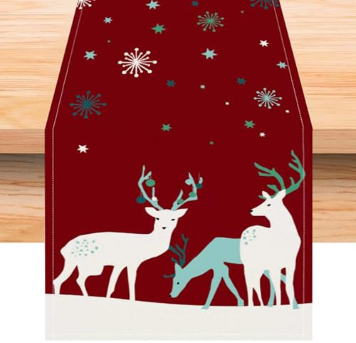 Rote Hirsch Tischläufer Weihnachten 33x183cm Waschbar Polyester Hirsch Muster Tischdecken Tischband Weihnachtsdeko, Winter Weihnachten Holiday Tischdecken