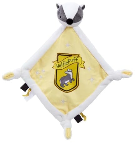 Rainbow Designs Harry Potter Hufflepuff Schmusetuch für Neugeborene - Weiche Plüsch-Schmusetuch mit Dachskopf und Wappen - Baby Kuscheldecke mit geknoteten Ecken & taktilen Tags