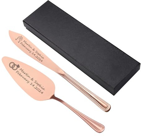 Lpraer Personalized Cake Cutting Set of 2 for Wedding, Custom Elegant Cake Knife and Server Set, Stainless Steel Pie Cutter Serving for Bridal Anniversary Valentine's Day Birthday Gift (Rose Gold)