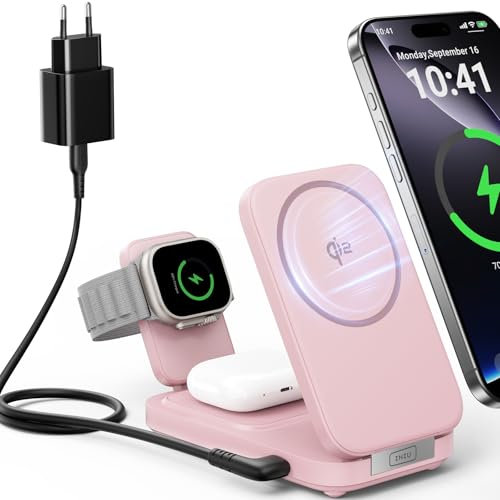 INIU Caricatore wireless 3 in 1, rosa, 15 W, Qi2, pieghevole, per iPhone 16/15/14/13, Apple Watch Ultra/10/8/7/6/5, Pro/3/2
