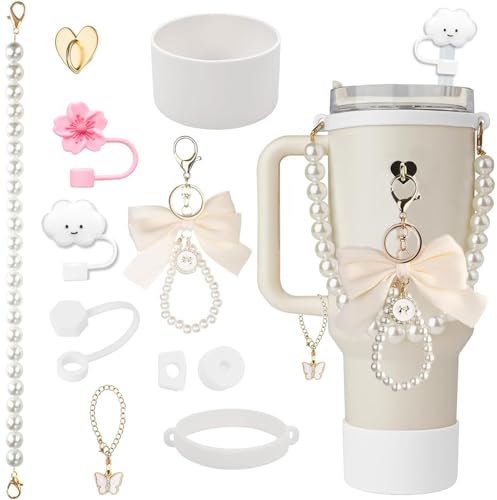 Stanley Cup Accessories Set, 11 Pcs Including Water Bottle Handle Strap, Silicone Straw Cover, Silicone Cup Boot, Stanley Charms for 30oz & 40oz Tumbler (White)