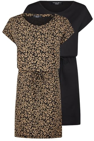 DENIMFY Sommerkleid Damen 2er Set Pack DFBella Kurzarm Rundhals Kleid | Strandkleid Midikleid Sommer Muster Einfarbig Schwarz Blau Grün S M L XL XXL