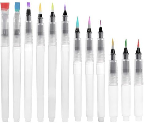 Wasserpinsel Stifte, 12 Stück Auffüllbare Aquarellpinsel mit Tank Kunststoff Leerer Aquarell Pinselstifte für Aquarellkunst Malerei Anfängermalerei