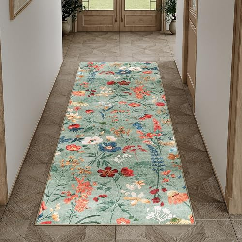 HUGEAR Läufer Flur Teppich 60x180cm Grün Waschbar Teppichläufer Runner | Blumen Blumenmuster Läufer Teppiche,Waschbar Rutschfest,Weich,Boho Neutral Modern,für Schlafzimmer,Küche
