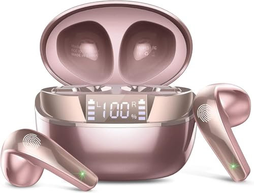 Bluetooth Kopfhörer, Kopfhörer Kabellos Bluetooth 5.4 HiFi-Klangqualität mit ENC Mikrofon, 47Std Spielzeit In Ear Ohrhörer mit IP7 Wasserdicht, Ohrhörer mit LED Anzeige für IOS/Android, Roségold