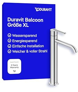 Duravit Balcoon Waschtischarmatur, Größe XL (Auslauf Höhe 153 mm), energiesparende Waschbecken Armatur (FreshStart), wassersparender Wasserhahn Bad (MinusFlow), Bad Armatur, Chrom