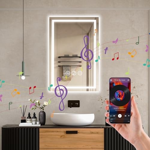 Ratsamee 40x60cm Bluetooth Specchio Bagno con Luce, 3 Colori Dimmerabili, Antiappannamento, Memoria, Touch Control, Montaggio a Parete – Specchio Trucco con Illuminazione