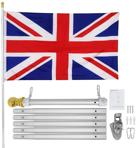 display4top 6FT Flag Pole with Flag Pole Holder, Sectional Aluminium Flag Pole Kit with UK Flag, Anti-Tangle Flagpole for Gardens and Commercial Use (Silver)