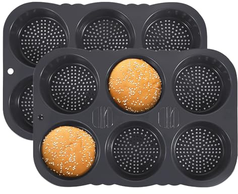 Wisnewth 2er-Set Burgerbrötchenformen aus Silikon (6 Fächer pro Form, Ø 10 cm) - Backformen für Ofen & Mikrowelle, mit Luftlöchern, 34.5x23.5x4 cm pro Stück