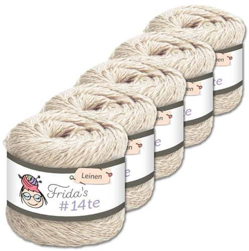 Frida's Wollhaus 5 x 100 g Frida‘s #14te Leinen Wolle Sommergarn Stricken Häkeln weich 40 Farben (7304 | Beige)