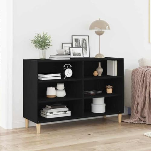 HETFTJN Sideboard Schwarz Massivholz Eiche 103,5 x 35 x 70 cm Modernes Design mit 6 Regalen Stauraum Kommode für Wohnzimmer und Essbereich