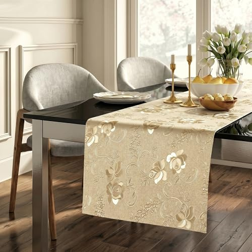 FAVE Goldfarben Tischläufer für rechteckige Tische, 180 cm | Mit Blumenmuster, Wasserdicht, Fleckresistent, Wiederverwendbar für täglicher Gebrauch, Partys und Bankette