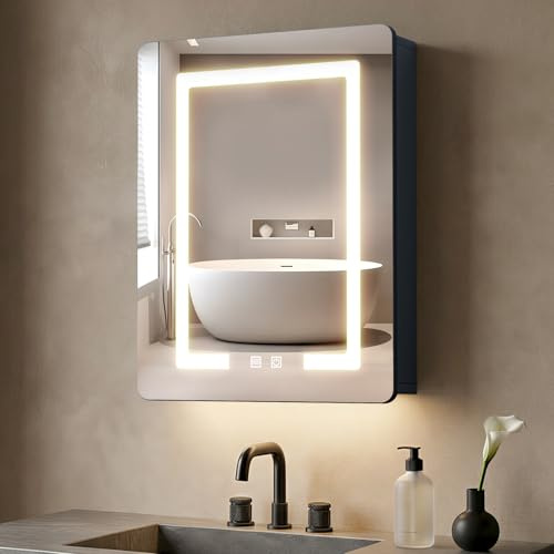 70×50cm Aluminum LED Bathroom Mirror Cabinets, 3 Color Light Modes | Defogger, Family-Friendly with 3 Storage Shelves, Moisture-Resistant Easy Assemble for Small Bathrooms/Rental Apartments