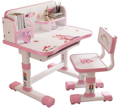 VioroKew Ensemble Bureau et Chaise pour Enfants réglables en Hauteur – Table d'étude de 3 à 18 Ans, Ensemble Ergonomique Tout-Petits avec tiroir Rangement bibliothèque garçons Filles, Cadeau Rose