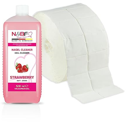 N&BF Nagel Cleaner Set mit Duft 500ml + 1000 Zelletten Cellulose Pads (2 Rollen à 500 Stück) - 70% Isopropanol-Alkohol – für Gelnägel – Nagelreiniger – kosmetisch rein in Studioqualität (Erdbeer)