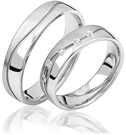 JC Trauringe 925er Sterling Silber Paarpreis I Ehe-Ringe mit kostenfreier Gravur I Verlobungsringe 5 mm breit inkl. Etui-Box I Herren-Ring ohne & Damen-Ring mit Zirkonia-Stein I Gr. 48 bis 72 I S909-S