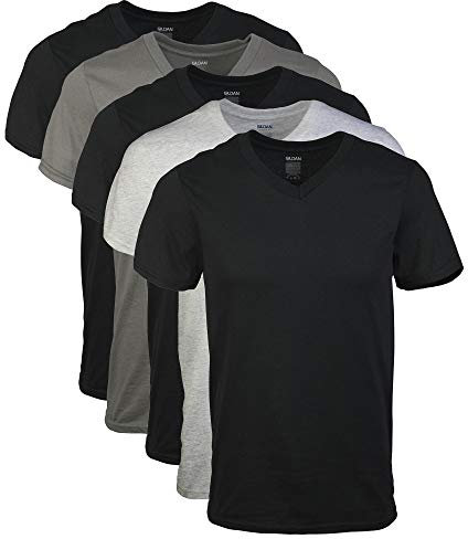 Gildan Men's V-Neck T-Shirts, Multipack, Style G1103 Undershirt, Black/Sport Grey/Charcoal (5-Pack), Large (Pack of 5)
