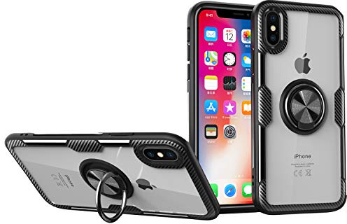 SORAKA Hülle für iPhone X/iPhone XS mit 360 Grad drehbarem Ringständer Harter PC transparenter Abdeckung+Silikon Rahmen durchsichtige hülle mit Metallplatte für Handyhalterung Auto KFZ Magnet