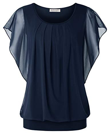 BAISHENGGT Damen Sommer Netz Bluse Flatter Kurzarm Tshirt Rundkragen Falten Elegant Oberteile Top Blusen Blau-4 XXL