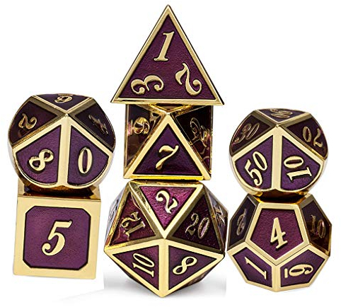 Yourandoll 7 STÜCKE Zinklegierung Metall Würfel Polyeder Würfel D20 D12 D10 D8 D6 D4 für Dungeons und Dragons DND RPG MTG Würfel Tischspiele 16mm (Lila Gold)