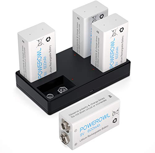 Batterie 9V Ricaricabili, POWEROWL 4 pezzi 600mAh PP3 Batterie 9V Ricaricabili Alte Prestazioni Li-ion Bassa autoscarica con Caricabatterie 4 slot