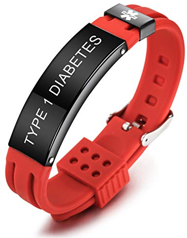 MOWOM Medical SOS Notfall Armband Personalisiertes Gravur Silikon Edelstahl Namensarmband Männer Damen Jungen Mädchen - Bündel mit Notfallkarte, Kartenhülle (Rot Type 1 Diabetes)