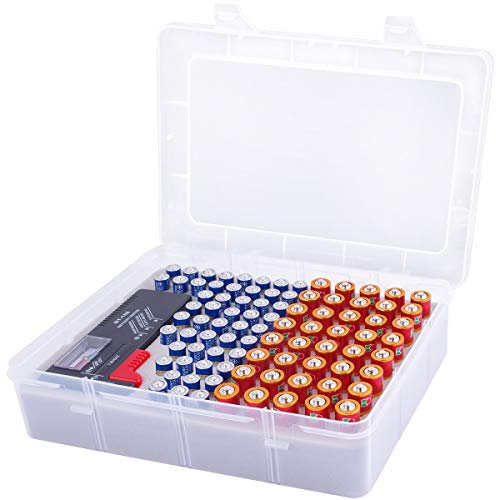 Battery Storage Organizer Box with Battery Tester, Garage Caddy Case Holder Container Bag Holds 90+ Batteries 40 AA, 50 AAA (Batteries Not Include)
