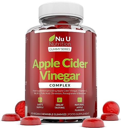 Aceto di Sidro di Mele 1000mg - 90 Gommose Vegane - ACV con Madre Non Filtrato e Vitamina C, B12, B6, Acido Folico, Melograno e Barbabietola - Prodotte in Europa - Nu U Nutrition