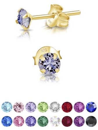 Pendientes de Botón Plata Ley 925 Chapados Oro 24K on Cristales Brillantes Lila 4 mm - Pendientes Dorados para Mujer - Punto de Luz Hipoalergénicos