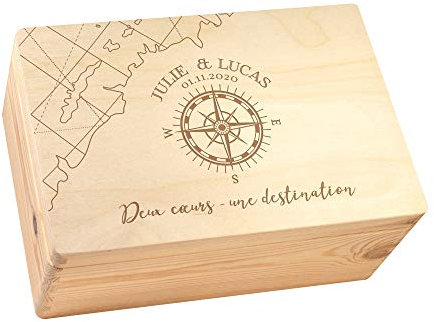 Casa Vivente Boîte à Souvenirs en Bois de Pin avec Couvercle, Charnières et Ruban, Gravure Personnalisée Rose des Vents et Noms, 30 x 20 x 14 CM
