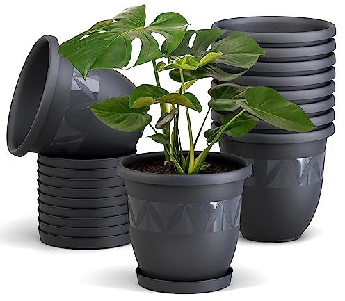Blumentopf 10er Set 15 cm Durchmesser Anthrazit - runder Pflanzkübel mit Untersetzer aus Kunststoff - witterungsbeständiger Übertopf, großer Pflanztopf